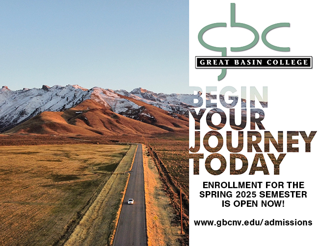 2025 Spring Semester Open Enrollment, gbc logo, a single car on a lonely highway near mountains.