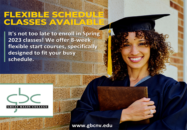 Graduate in cap and gown, Spring 2023 Flexible Schedule Classes graphic.