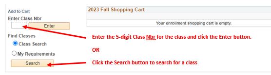 Instructions on how to click Enter or click the Search button to search for a class in image.