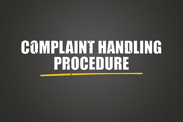 Complaint handling procedure in white text against a dark gray background. 